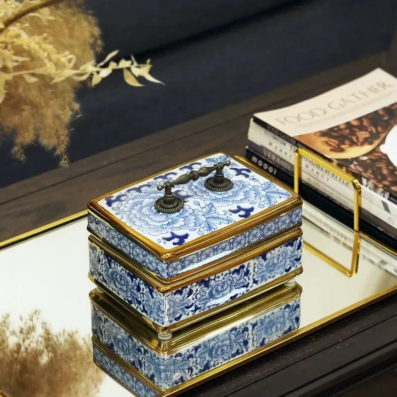 Hand Painted Blue and White High Temperature Ceramic Imitation Copper Retro Handle Creative Cover Box Jewelry Box Luxury