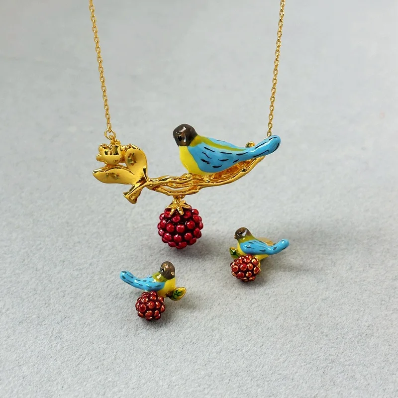 

Exquisite Bird Raspberry Jewelry Set, Elegant Forest Earrings and Necklace for Women, Sweet Unique Sophisticated Gift