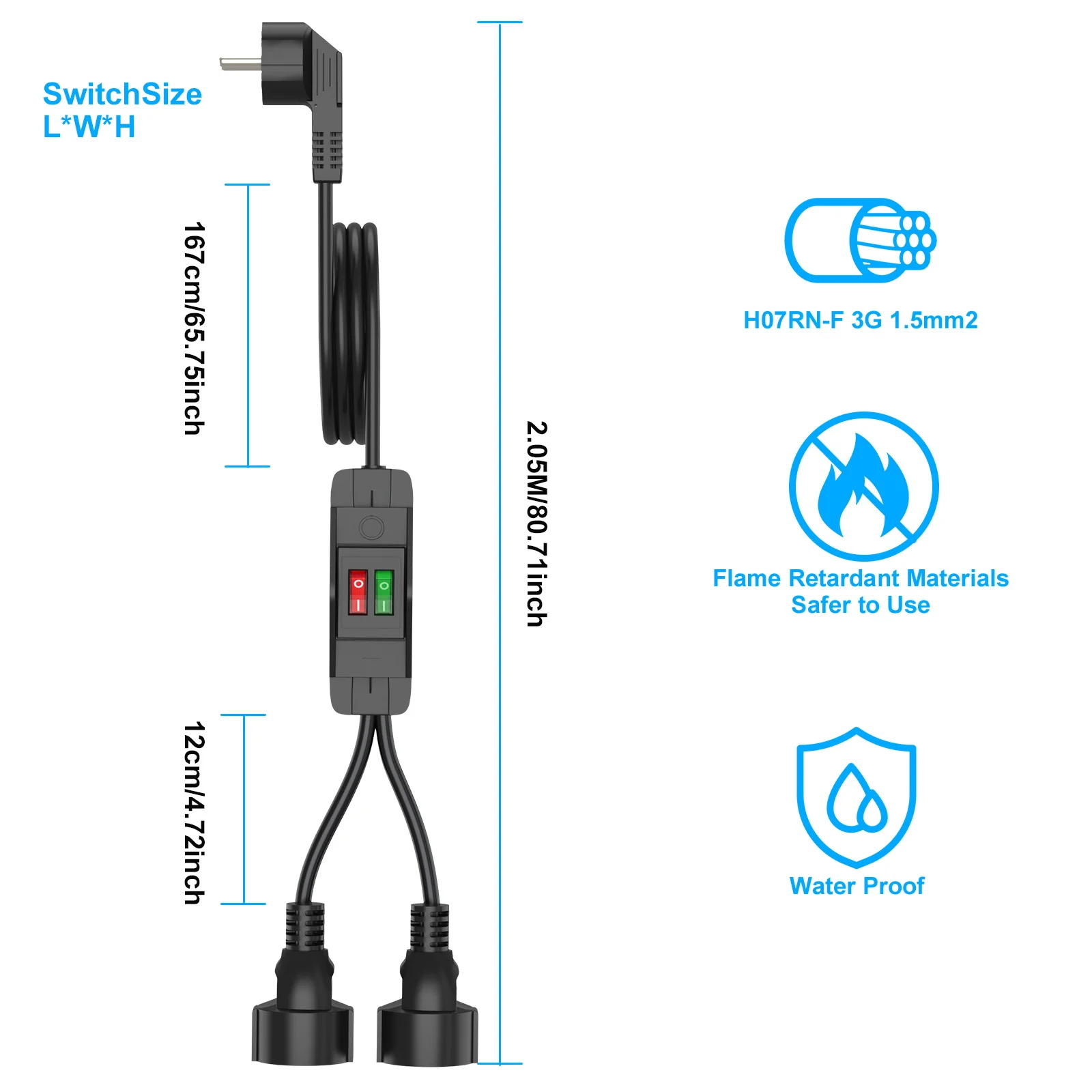 EU Plug 40cm/2m Extension Cord Dual Socket 4000W 16A 250V Dual Control Switch Suitable for Home/Office/Outdoor Black