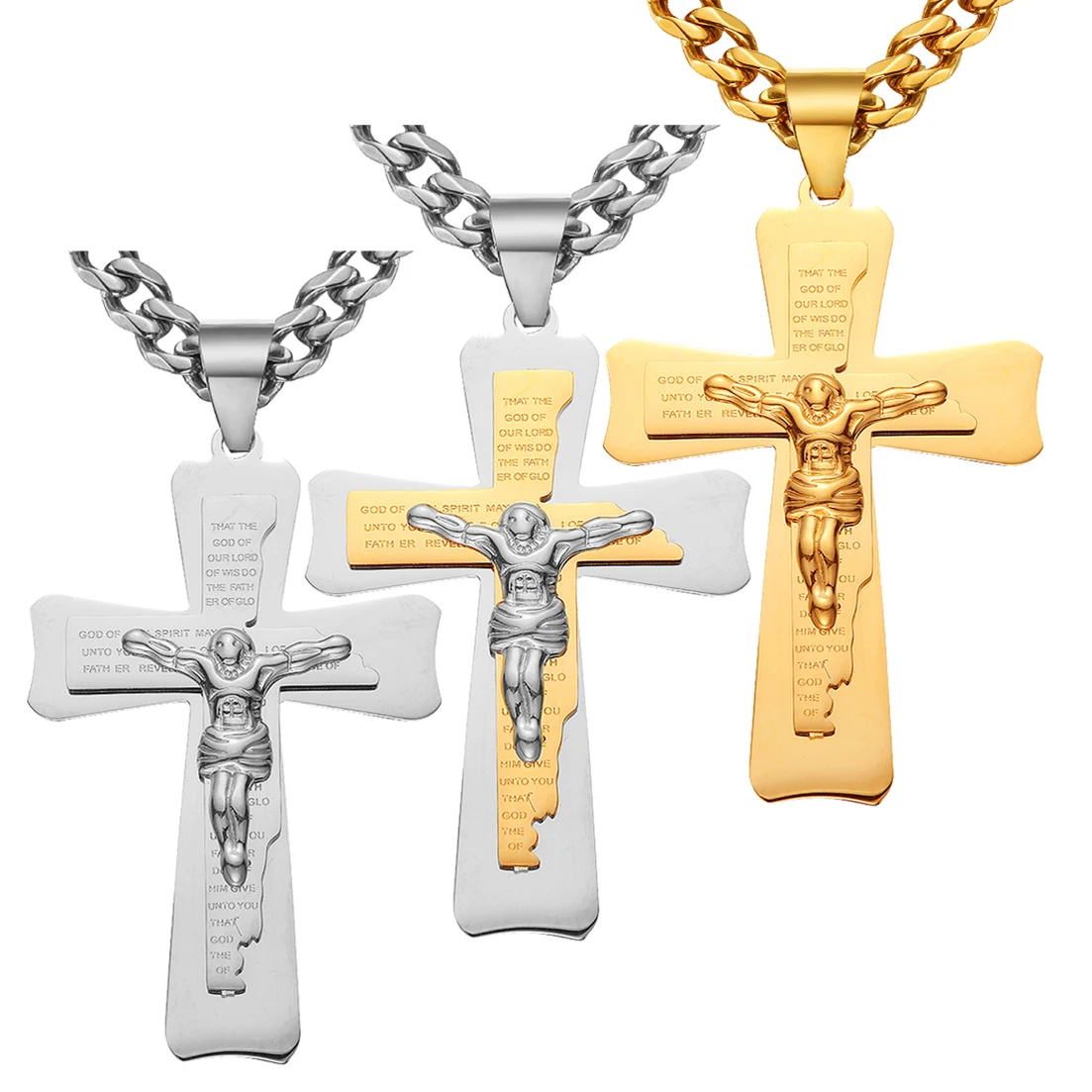 Vintage Christian Bible Text 316L Stainless Steel Big Cross Pendant Necklace Punk Fashion Men's Cuban Chain Jewelry Gift