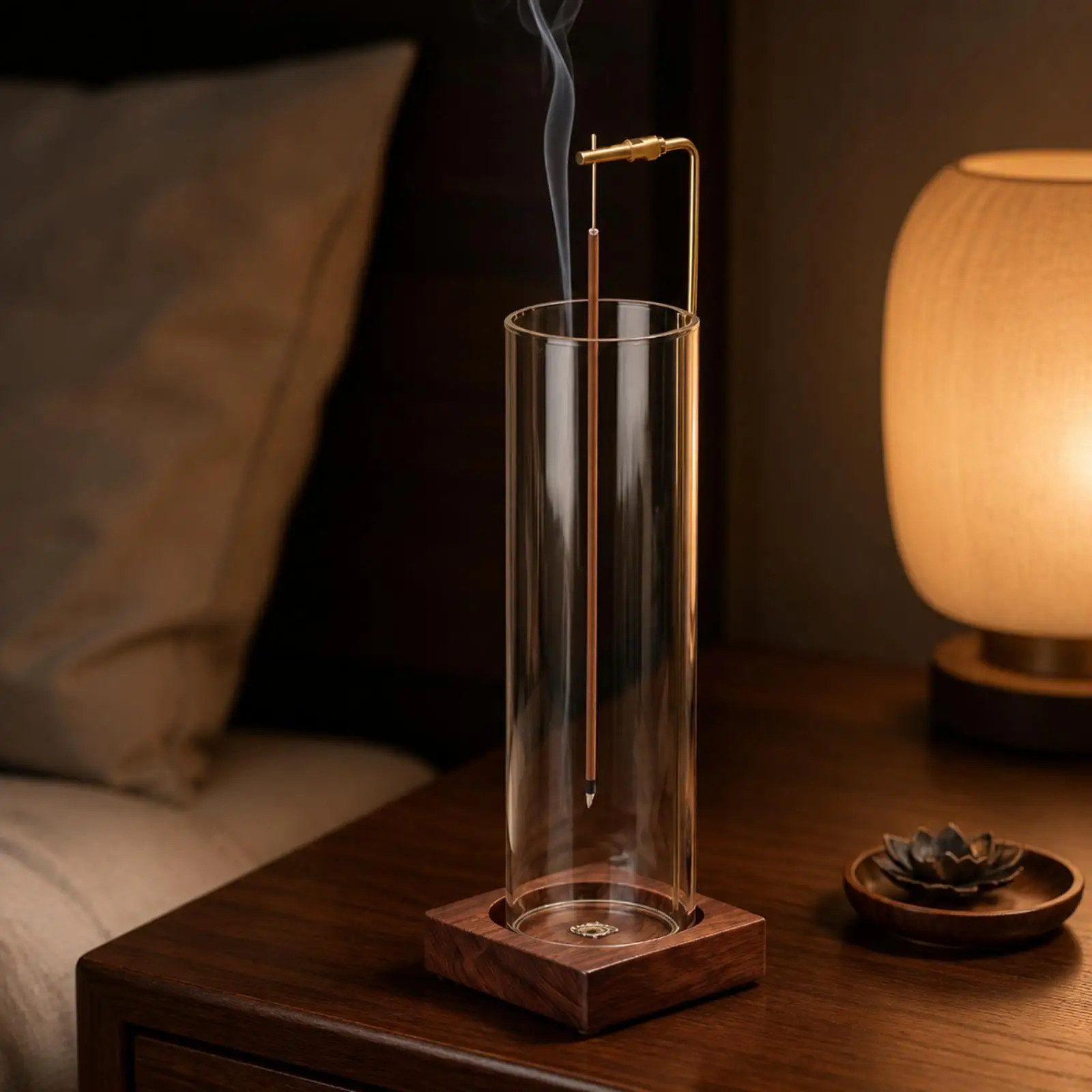 Handmade Glass Scented Ember Holder with Wood Base Transparent Cylindrical Glass Chamber Scented Ember Holder Heat-Resistant for