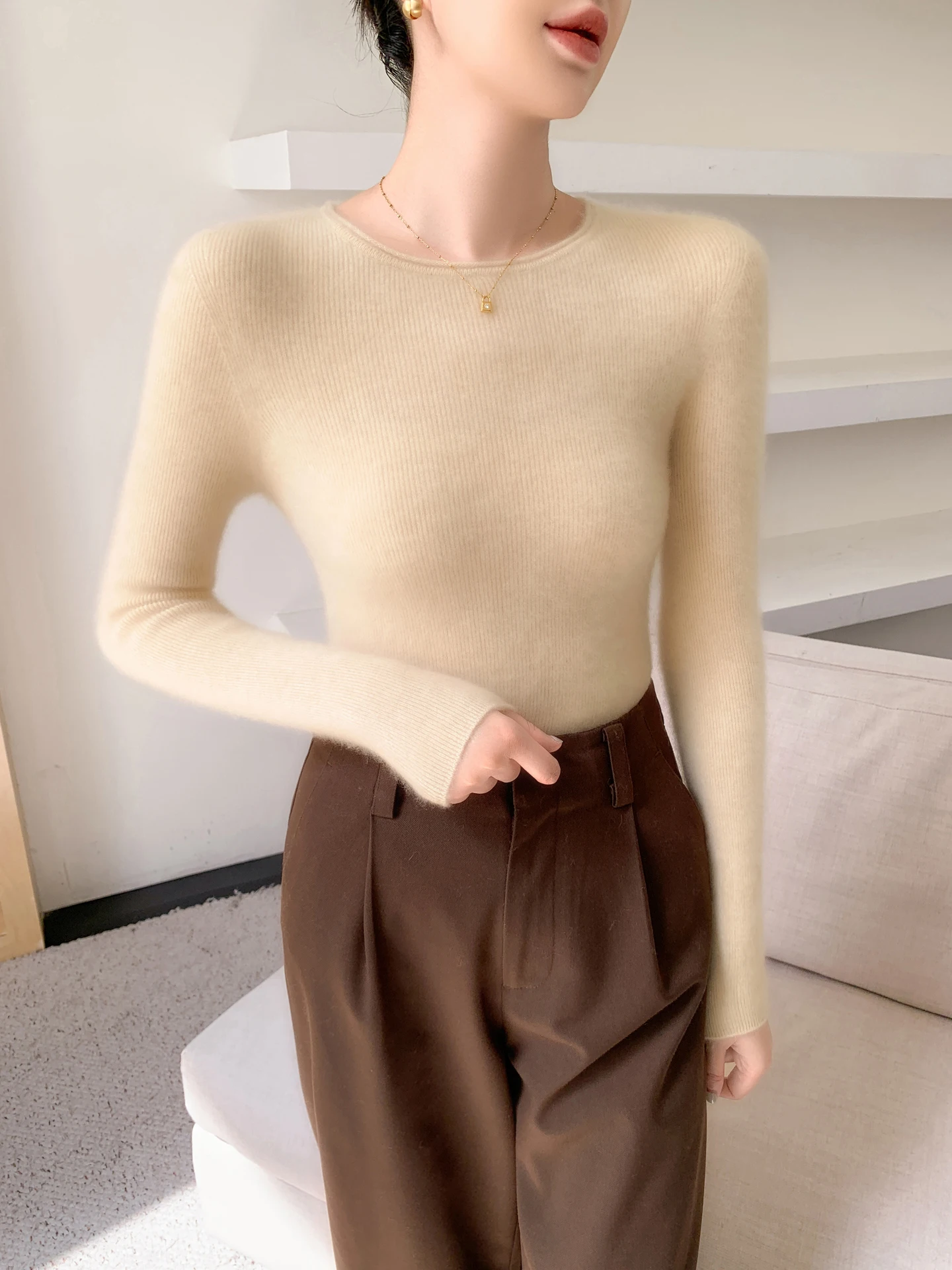 Осень-зима, пуловер из 100% чистого кашемира с круглым вырезом, женский однотонный облегающий свитер с внутренней вязкой, базовые топы с длинными рукавами, мягкий комфорт