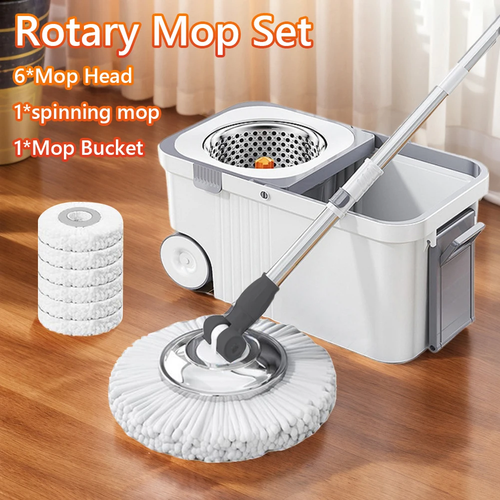 

Rotary Mop Set 360 Spinning Floor Cleaning System with 6 Extra Refills Heads Extended Handle Hand-Free Automatic Dehydration Mop