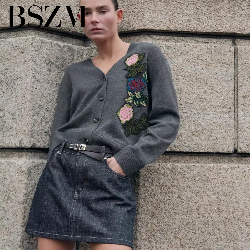 

Spring New Arrival Women's Long Sve Embroidered Knitted Casual V-Ne Sweater Coat Loose Fit Commute Sle Regular Length
