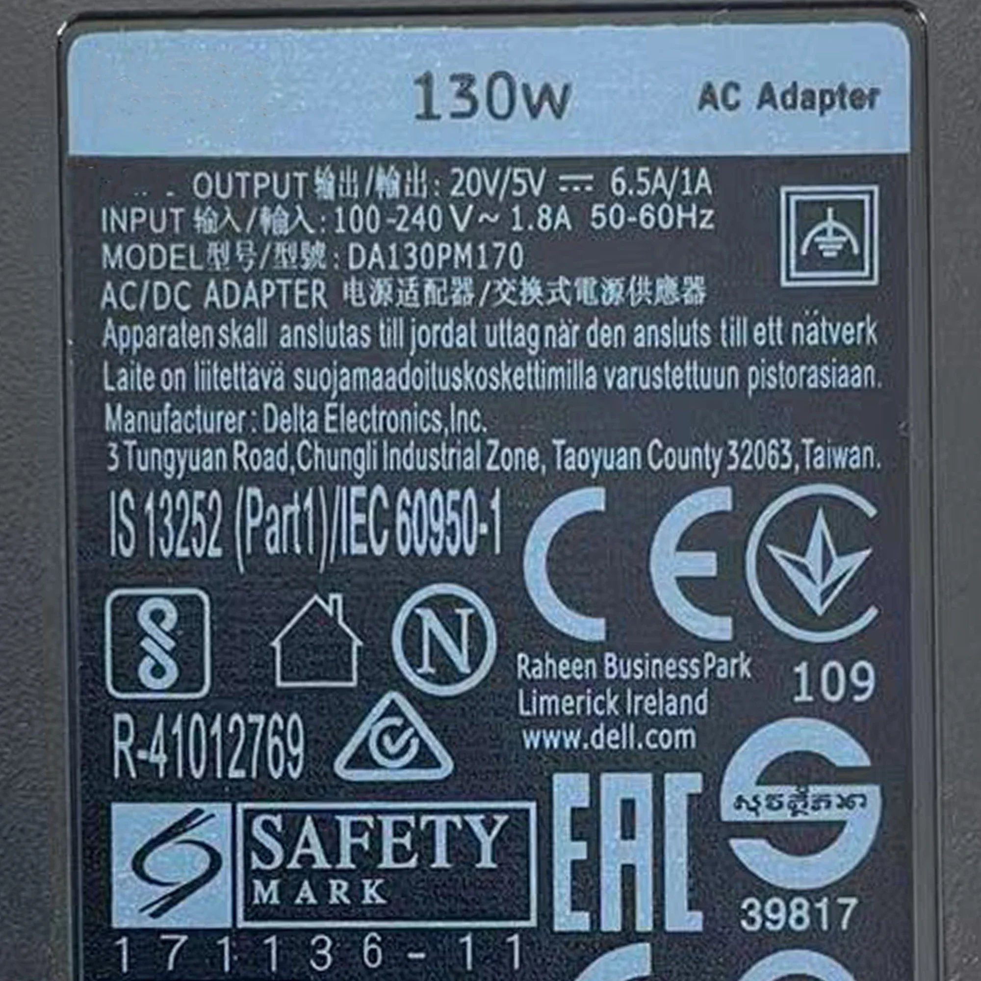 Imagem -04 - Tipo-c Laptop ac Adapter Charger 20v 6.5a 130w Apto para Dell Xps 15 9500 9700 7590 12 9250 Ha130pm130