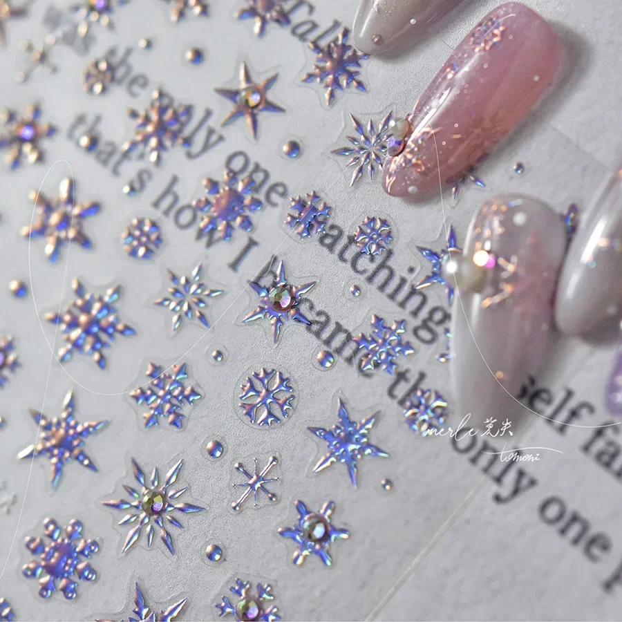 Winter Christmas Crystal Delicate Hexagon Romantic Laser Silver Chic Snowflakes Samoprzylepna naklejka do zdobienia paznokci 5D Manicure Decal