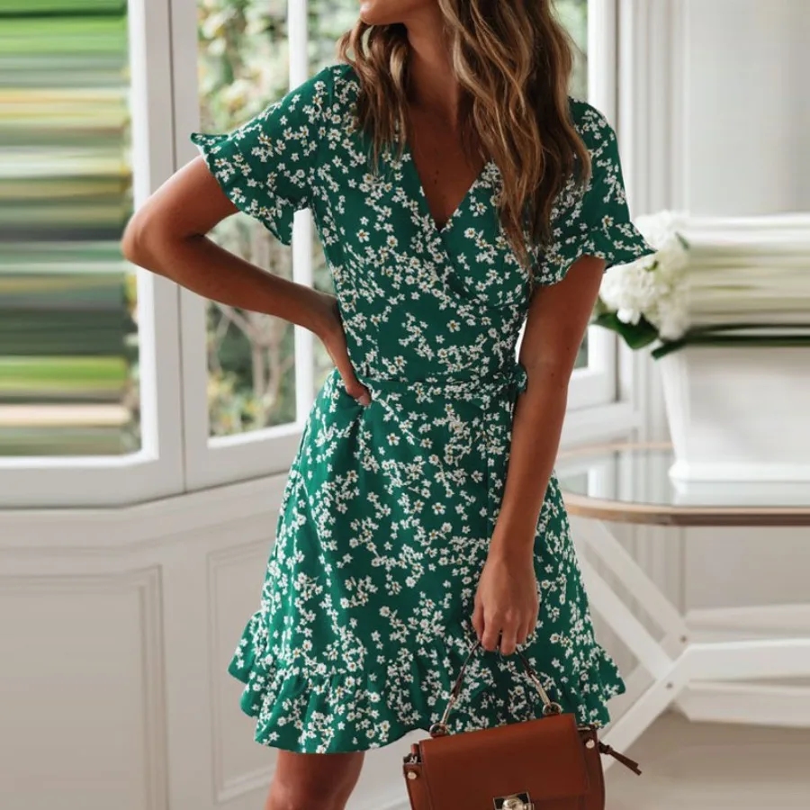 

【New style】Summer - women's clothing European and American printed V-neck lace high-rise chiffon floral dress