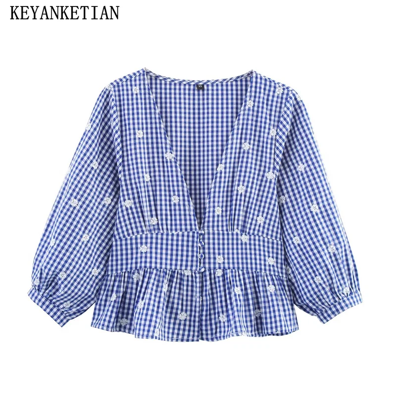 

KEYANKETIAN новая летняя женская одежда с вышивкой, маленькая сетка, v-образный вырез, короткий топ с рюшами, маленькая рубашка, женская рубашка