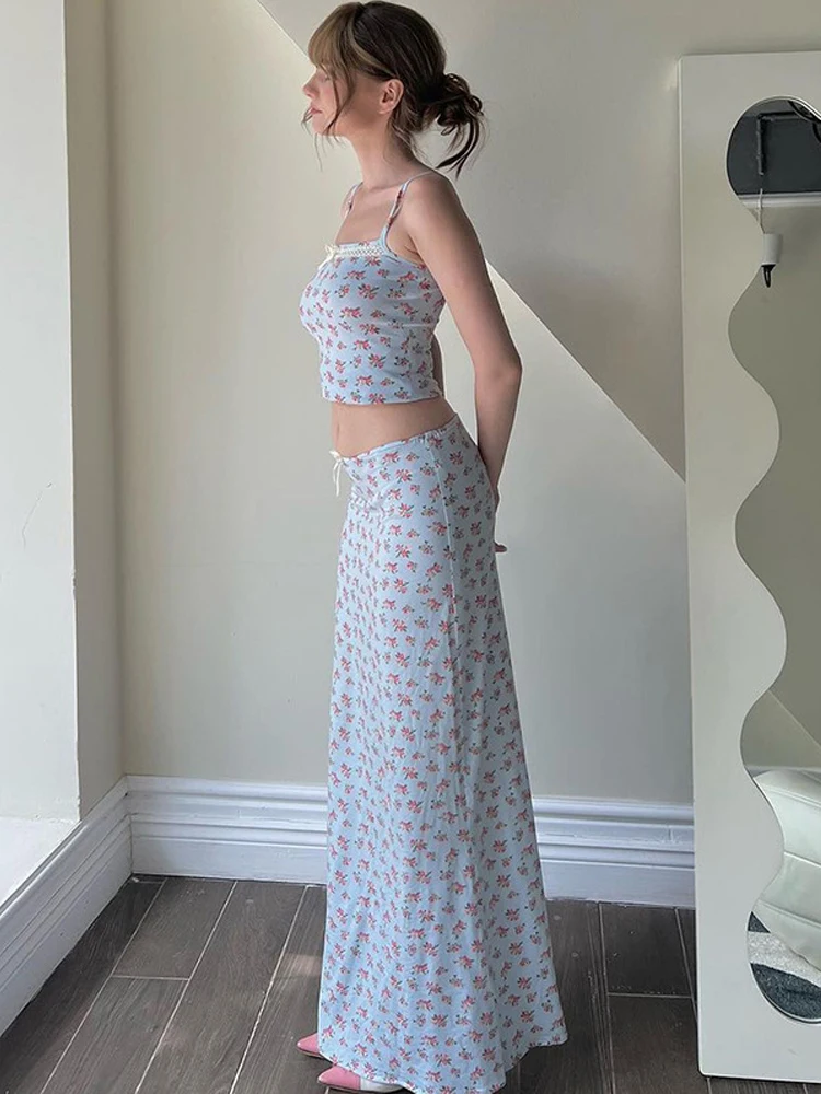 

Light Blue Floral Print ter Top And Long Skirt Set Women's Faion Ensemble Casual Wear Polyester Fabric Student orm