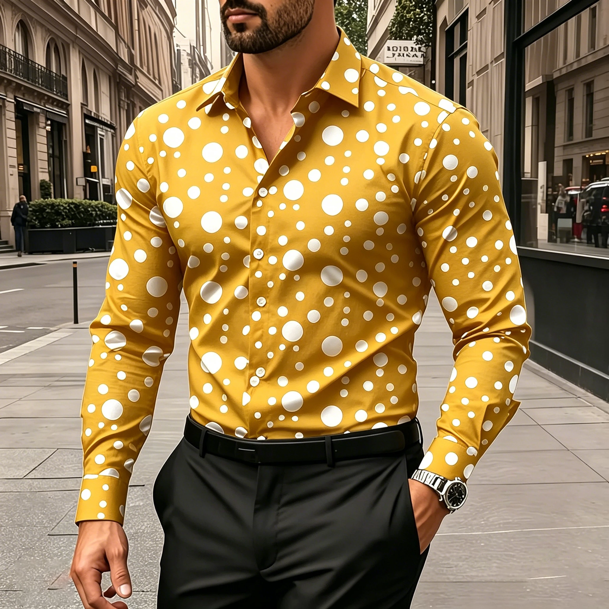 Men's white polka dot collared slim-fit long-sleeved shirt, polka dot all-over print, plus size urban casual cardigan top.