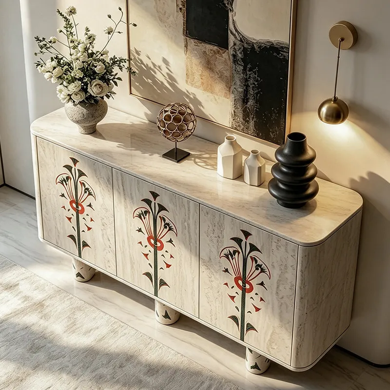 Retro flower painted dining side cabinet, living room against the wall, three-door Chinese locker, villa high-end entrance