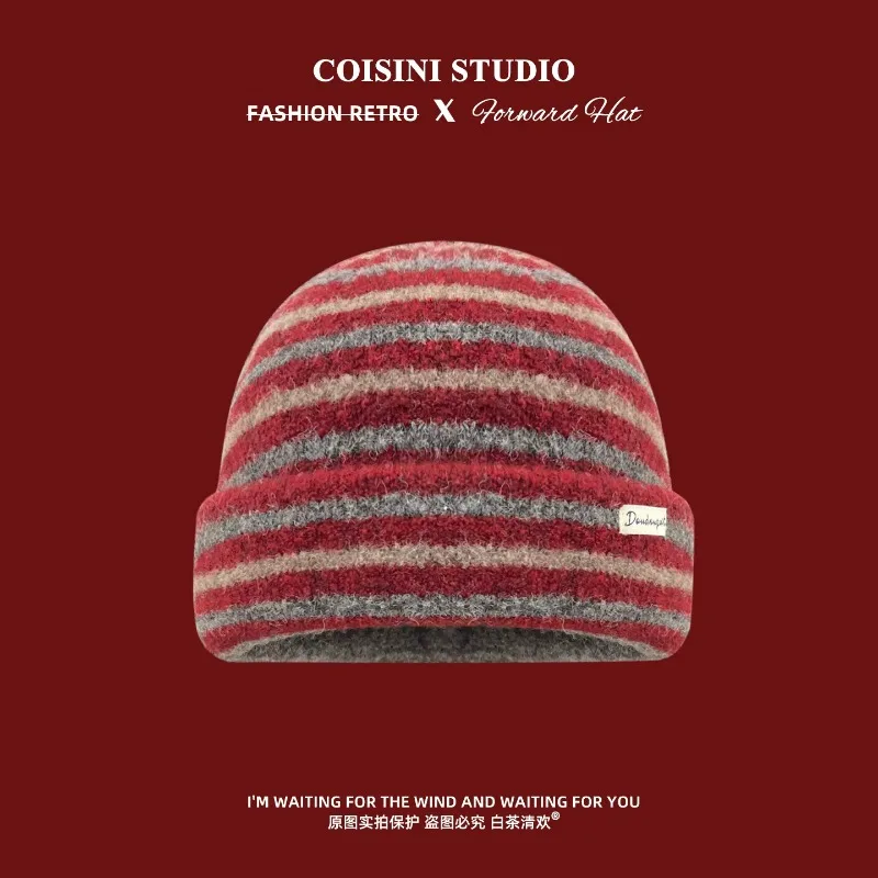 New Soft Fuzzy Contrast Striped Knit Beanies for Women Light Color Horizontal Stripe Cuffed Winter Hats Casual Warm Skull Cap