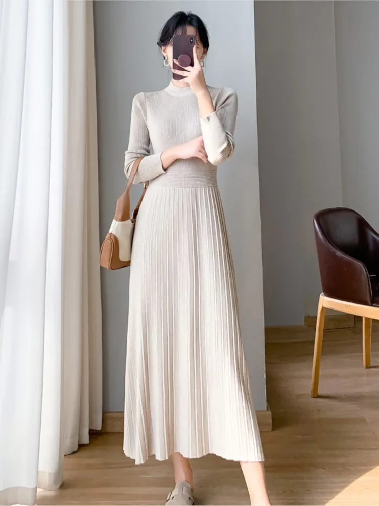 

Elegant New Chic Women Long Knitted Sweater Dress Autumn Winter A-line Long Sleeve Slim Waist Vestidos Evening Party Clothing