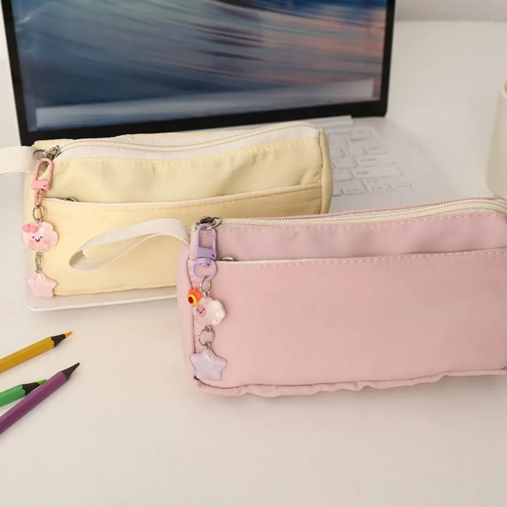 Simple Solid Color Pen Bag Double Layers Large Capacity Stationery Bag Handheld Design Pen Pouch School Office