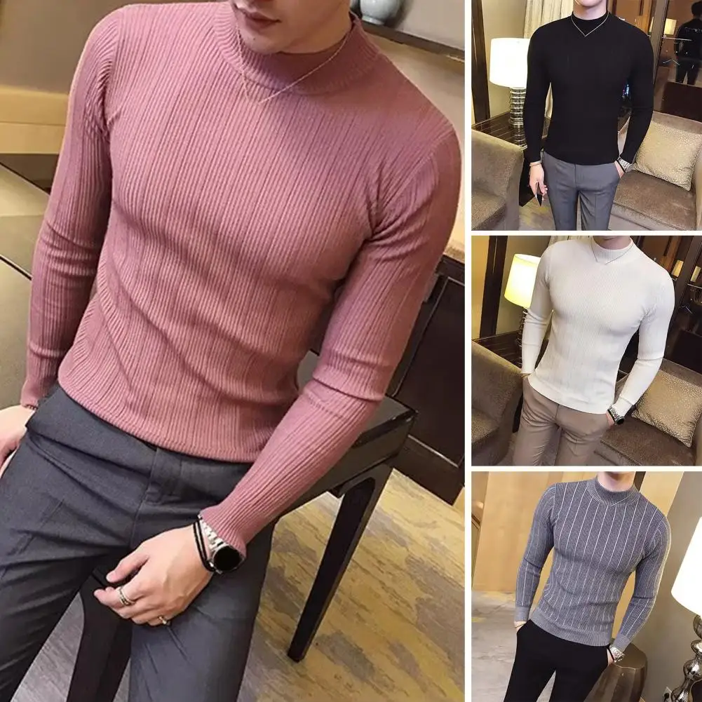 Men's Pullover Sweaters 2023 Korean Casual Striped Solid Sweater Men Half High Collar Stretch Tight Sweater Slim Fit Knit Tops