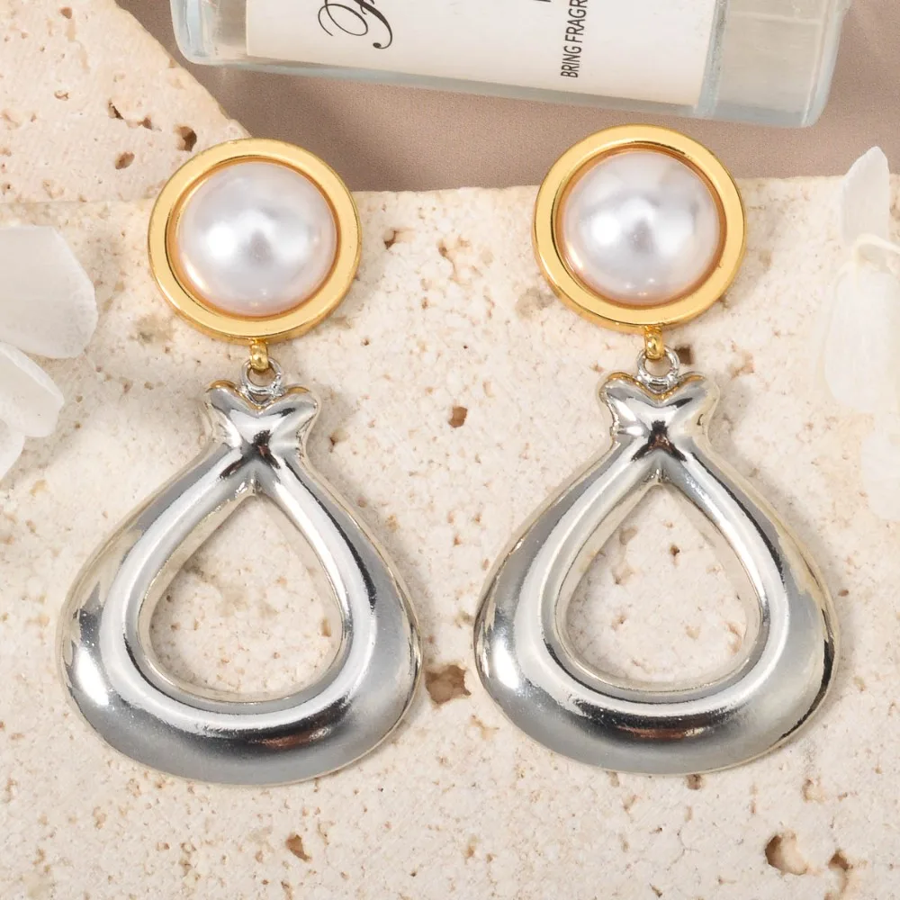 

Stainless Steel Round Chunky Dangle Earrings Bean Geometric Drop Earrings Gold Color Statement Ear Jewelry for Women Girl