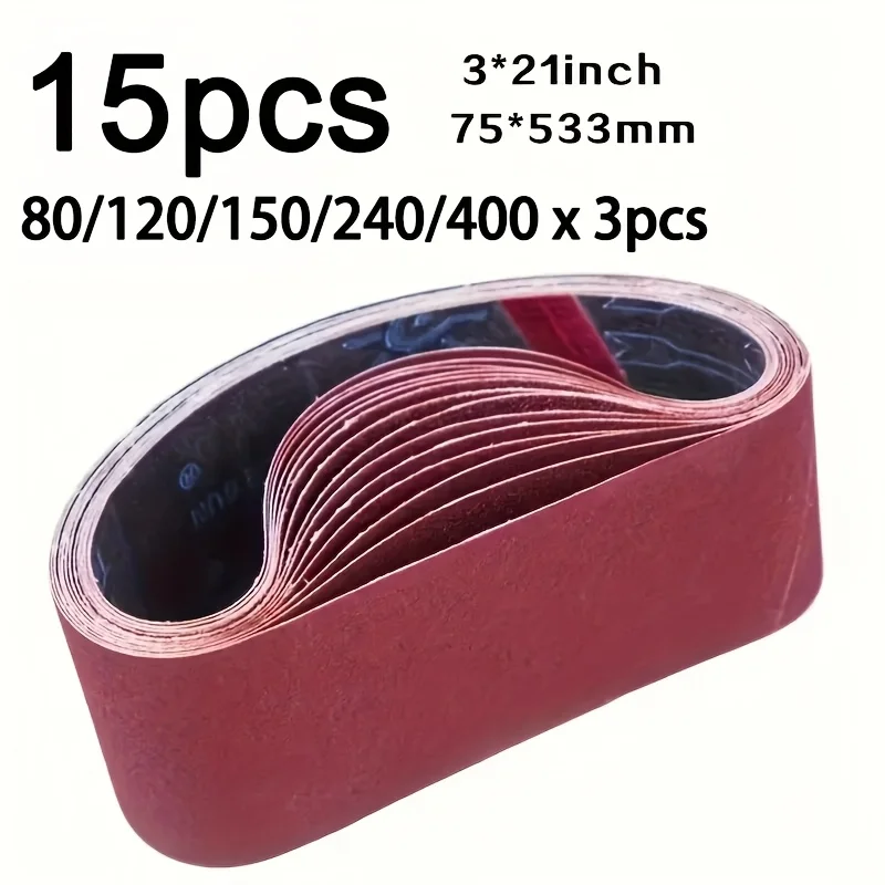 15Pcs Sanding Belts 3x21 Inch(75x533mm) Sandpaper Belt for Sander Woodworking Metal Polishing Grinding Tool Accessories