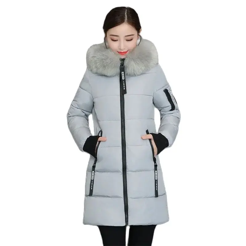 

Winter Mid-Long Cotton Jacket Women New Loose Hooded Fur Collar Coat Fashion Zipper Pocket Outerwear Parka Overcoat Female