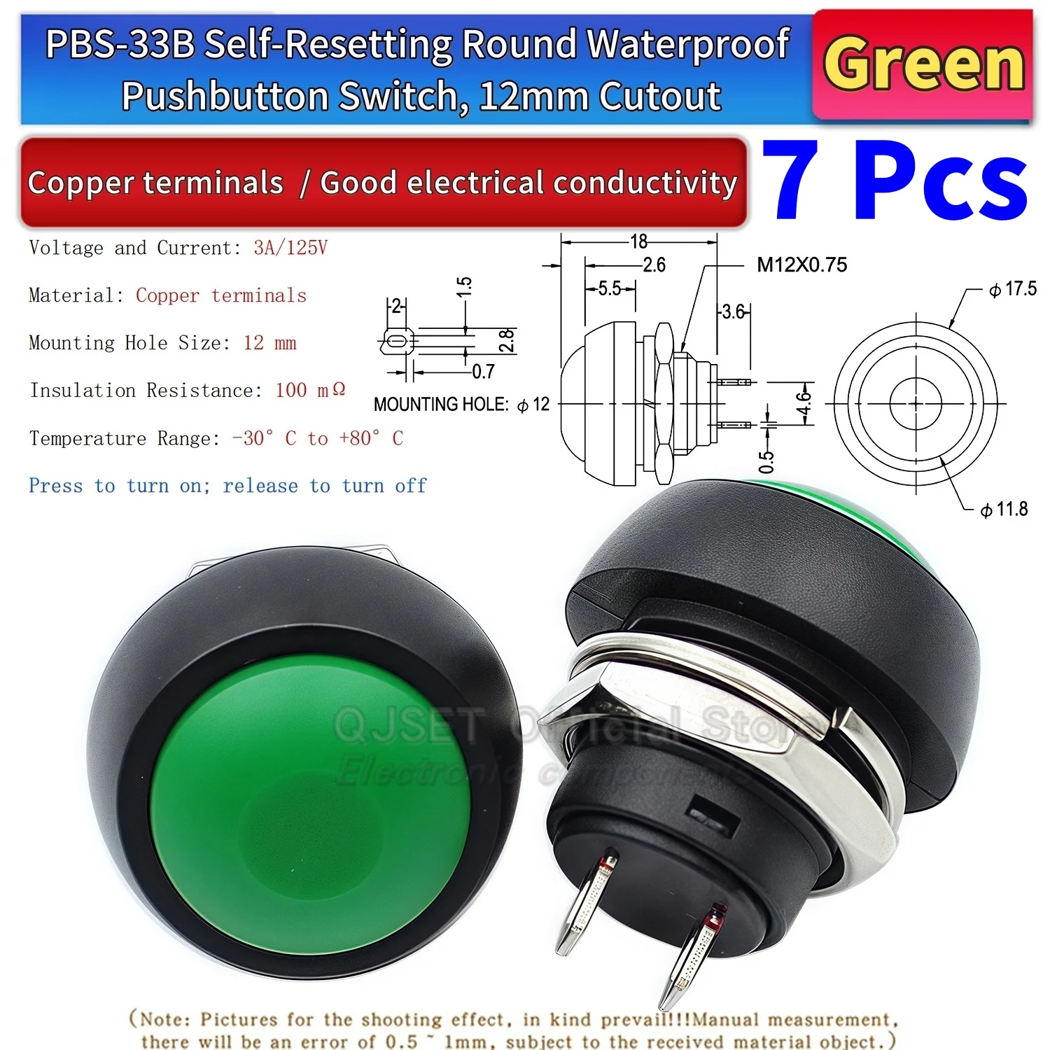 7-teiliges PBS-33B-Set, Mini-Druckknopf aus Kunststoff mit rundem Kopf, EIN/AUS-Tastschalter, 2-polig, 12 mm, wasserdicht, Power-Reset, nicht verriegelbar – Detail 12