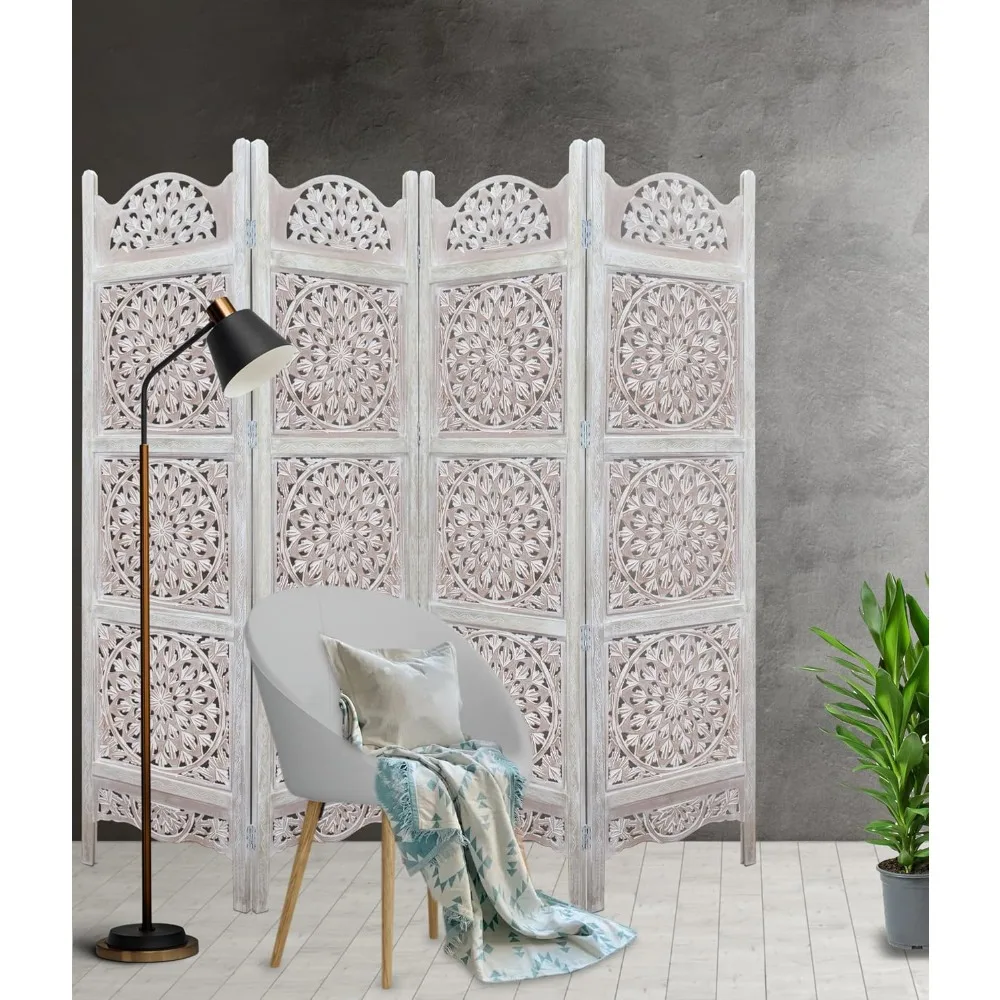 شاشة أرضية خشبية مع ميدالية بيضاء - تصميم قابل للطي بأربعة ألواح - 72 × 80 - منحوت يدويًا، محمولة، وظيفية قابلة للعكس #3