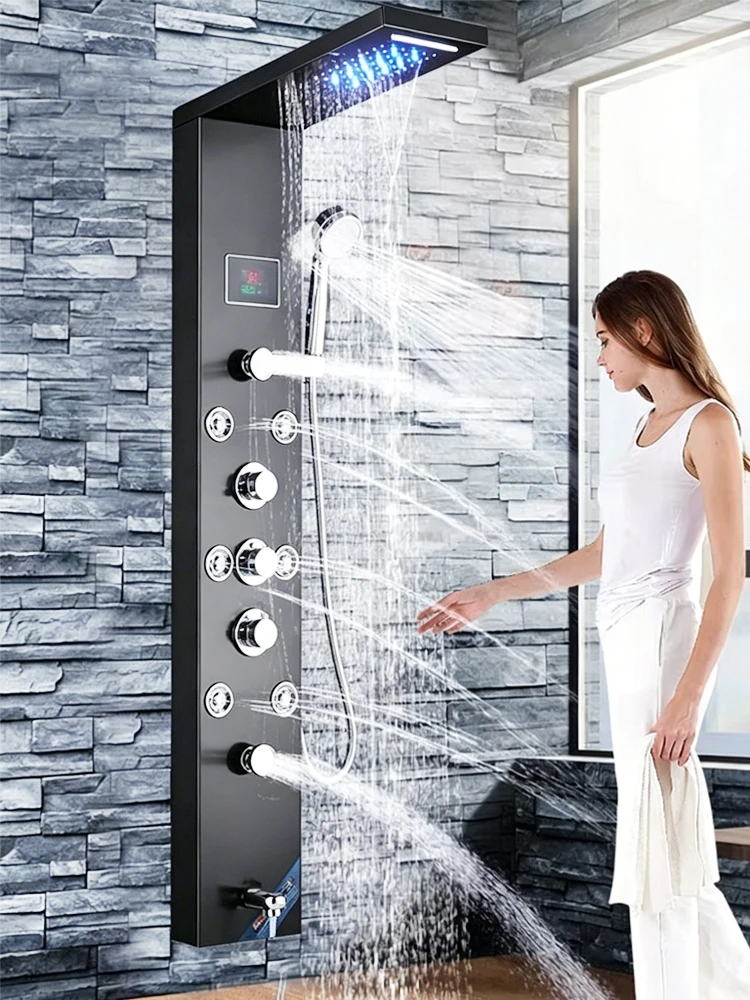 LED-Duschpaneel mit Wasserfall- und Regendusche, Digitalanzeige, Duscharmatur-Set, SPA-Massagedüsen, Badezimmer-Säulenmischer, Duschsystem