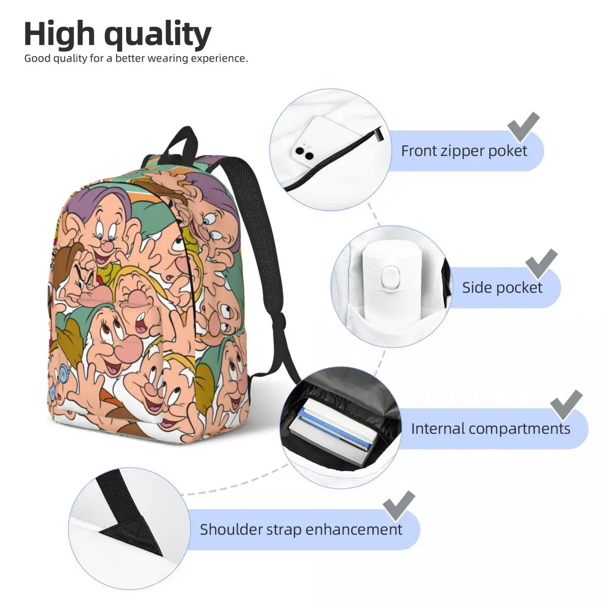 Custom Snow White And The Seven Dwarfs Canvas Backpack for  School College Students Bookbag Fits 15 Inch Laptop Cartoon Bags