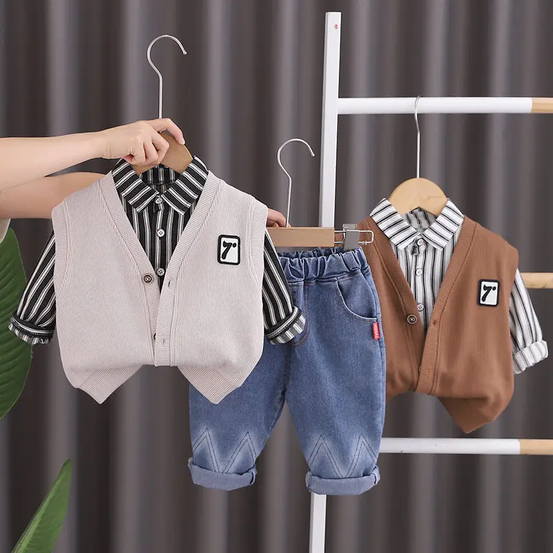 

New Spring Kids Clothes Children Boys Cotton Sweater Vest Shirt Pants 3pcs/sets Kid Infant Casual Sportswear Suit 0-5 Years