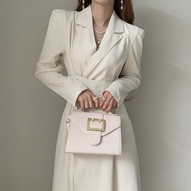 

Elegant Long Sleeve Hebe Style Suit Dress Korean Fashion Slimming Waist over Knee Length Casual Wear for Women Spring Autumn