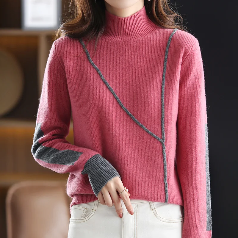 100% Wool Cashmere Sweater Autumn/Winter 2022 New Women\'s High Neck Pullover Casual Color Matching Female Jacket Knitted Tops