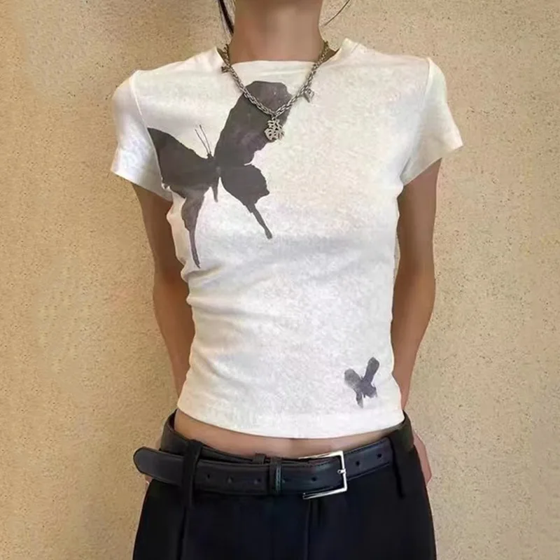 Karrcat Grunge Aesthetics Crop Top Gothic Butterfly Print T-shirt Vintage Wasteland Punk Short Sleeve Tshirt Harajuku Streetwear