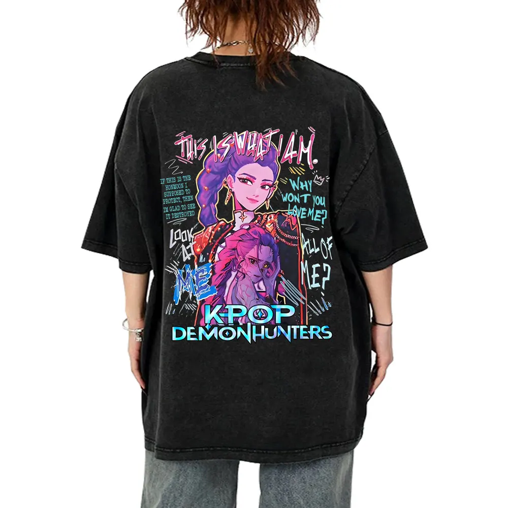 

Movie KPop Demon Hunters Rumi Mira Zoey Washed Vintage T-shirt Men Women Fashion Oversized Streetwear Male Casual Cotton Tshirt