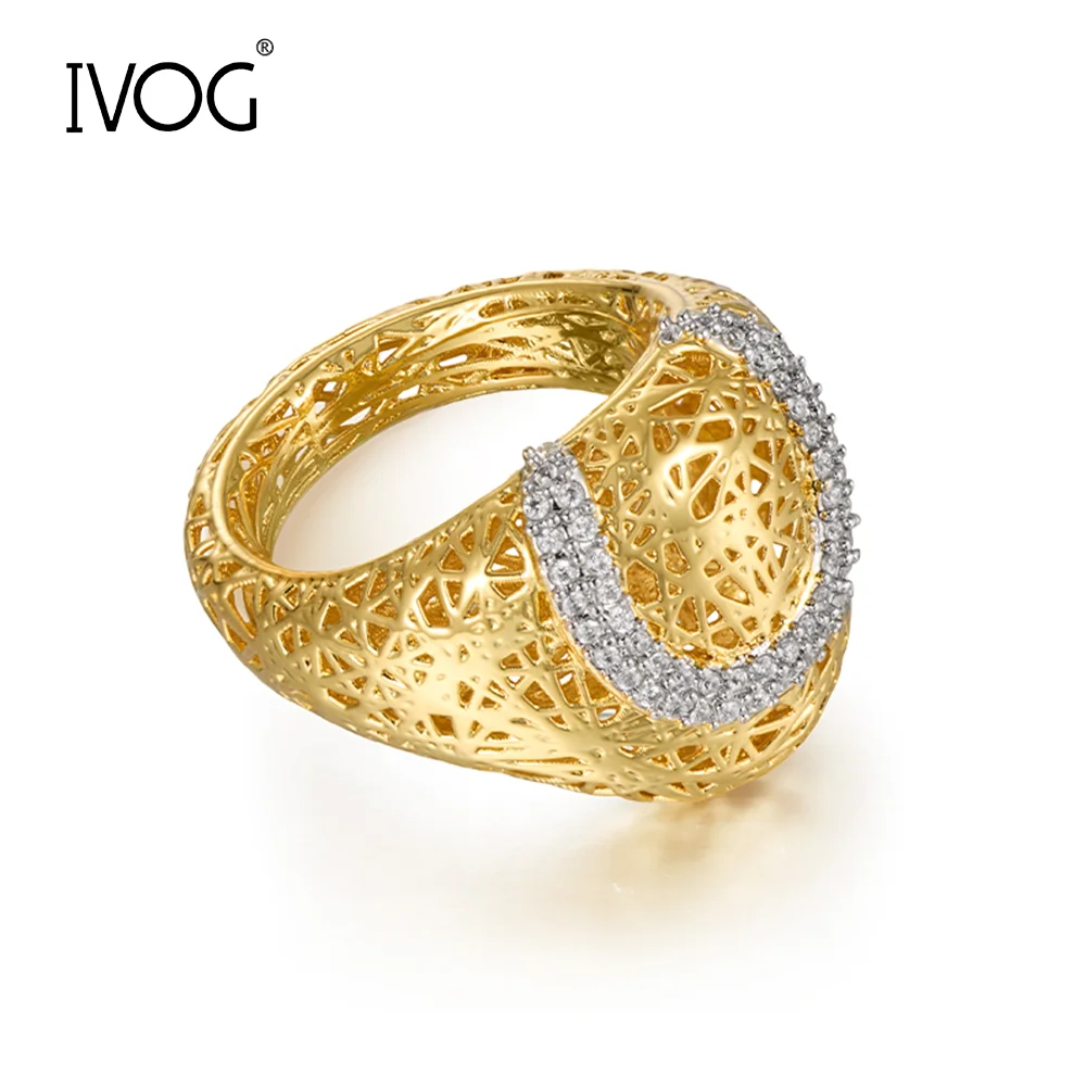 IVOG Brilliant Zircon U-shape Design Ring For Women Hollow Out Luxury Ring Fashion Jewelry Flagship Store