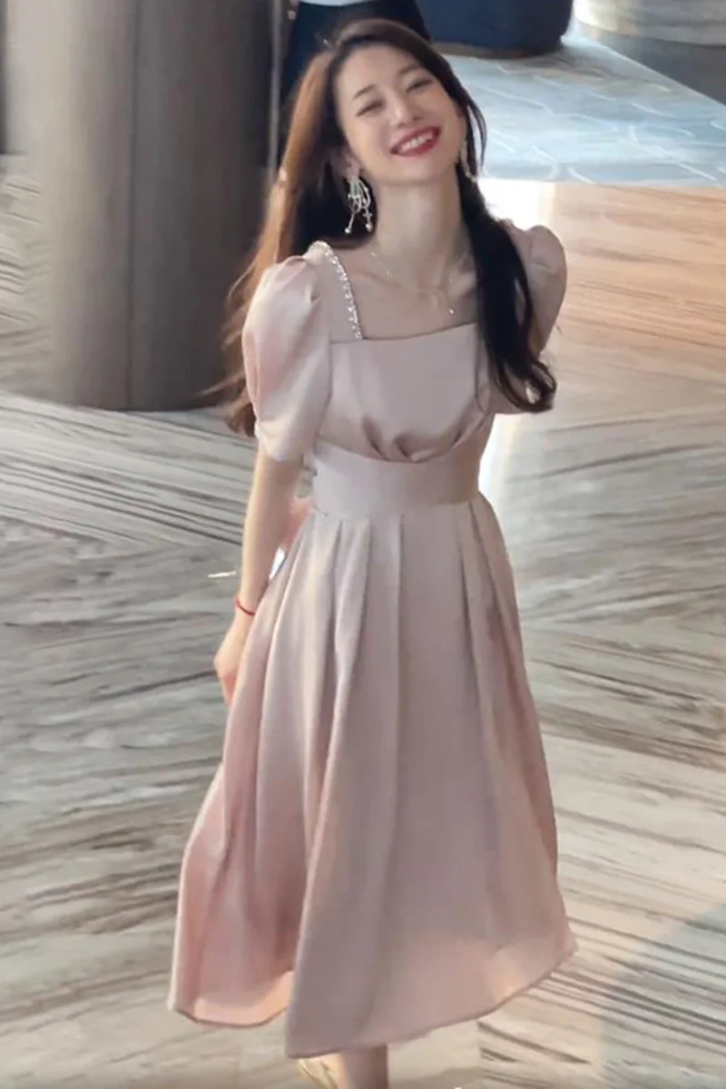 

2023 New Square Neck Light Mature Style Fairy Dress Small Pink Unique Amazing French Tea Break Exquisite Dress