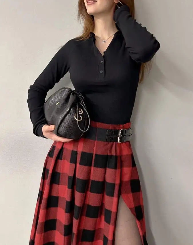 

Fashionable Women's Half Skirt 2025 Spring and Summer Plaid Print Side Slit Midi Skirt Casual Buckle A Line Pleated Skirt