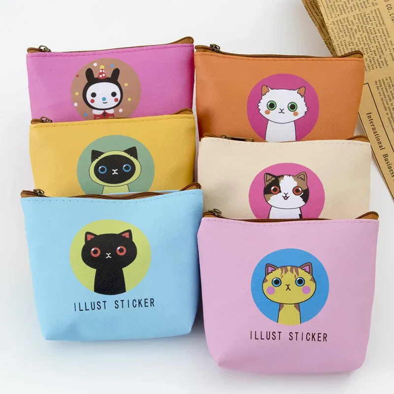 PU Leather Cute Cartoon Cat Coin Bags Zipper Coin Purse Coin Pouch Data Cable Earphones Bag ID Credit Card Bags Kids Cute Wallet