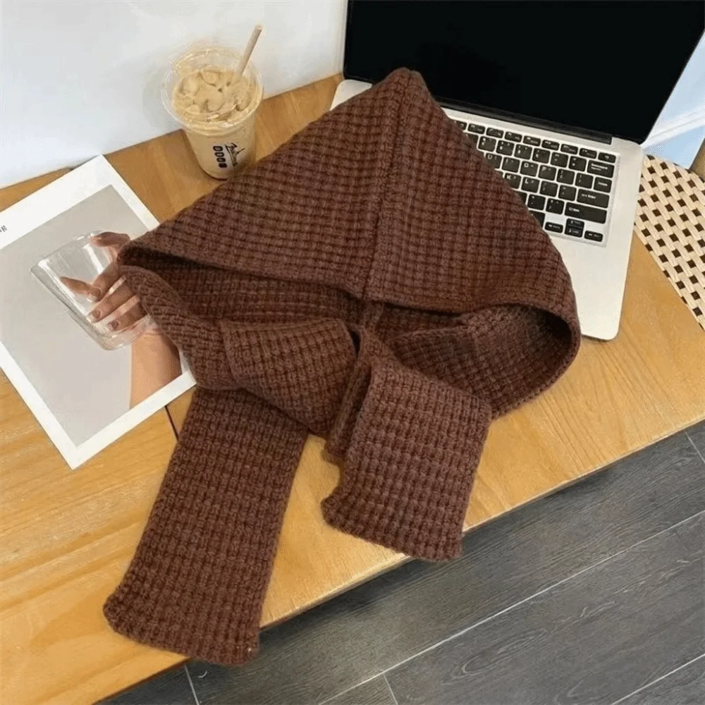 Acrylic Fibres Knitted Hooded Caps Ear Protection Soft Neck Collar Beanies Caps Thickened Embossing Winter Neckerchief Hat