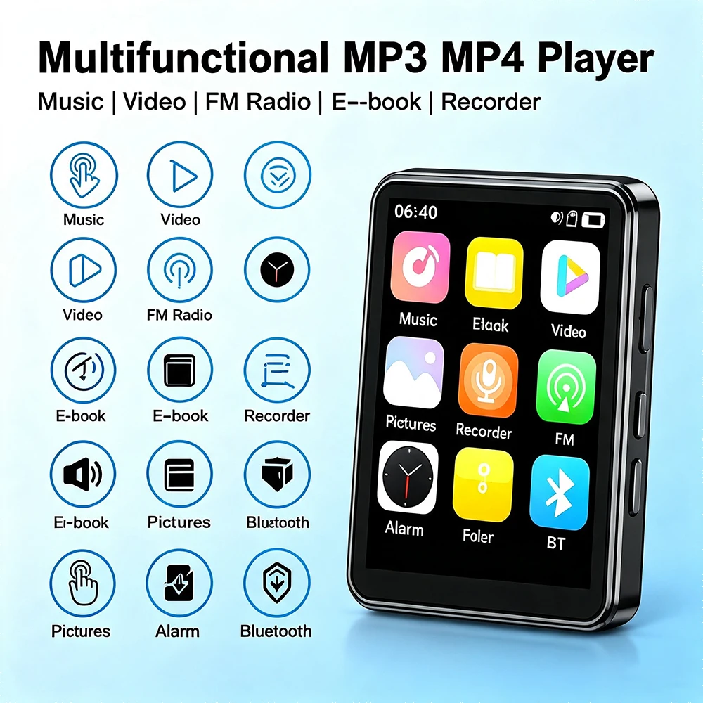 2.4" Full Touch Screen MP3 Player Bluetooth 5.3, HiFi MP4 Music Player Built-in Speaker, FM Radio E-book Video