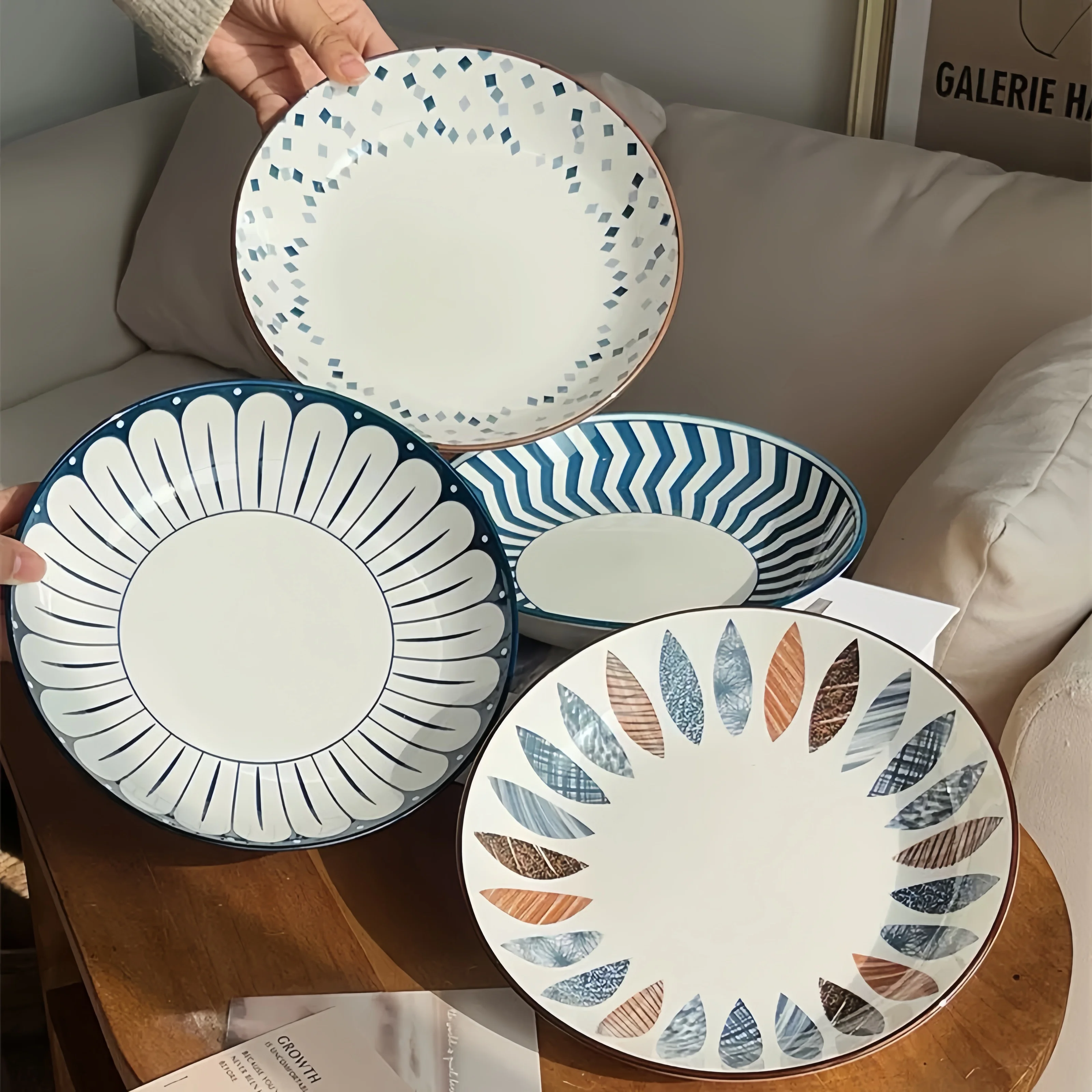 4-Piece 8-Inch Minimalist Ceramic Plates Set, Multipurpose Dishes for Salad，Dessert，Sushi, pasta,Microwave & Dishwasher Safe