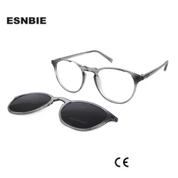 New Transparent Gray Round Eyeglasses Frame With Magnetic Polarized Clip On Sunglasses Women Designer TR90 Flexible Frame Glass