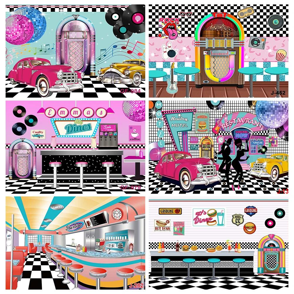 Back To 50s Photography Backdrop for Birthday Rock Roll Party 1950s Soda Shop Photo Retro Diner Time Party Decor Background