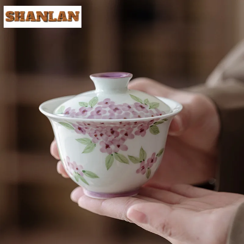 

100ml Hand Drawn Embroidered Ball Flower Gaiwan Zen Tea Tureen Tea Bowl With Lid Kit Tea Maker Cover Bowl For Tea Supplies Gift