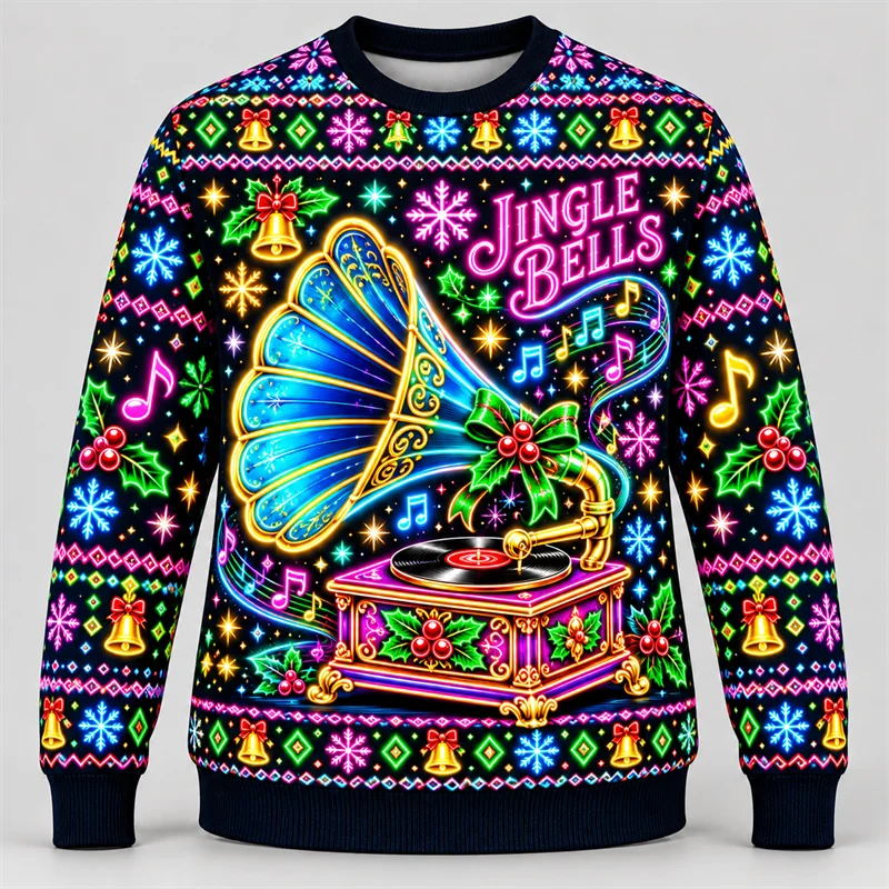 Jingle Bells Neon Ugly Christmas Sweatshirt Men Mouse Stocking Nutcracker Clock Tower Print Crewneck Long Sleeve Party Pullover