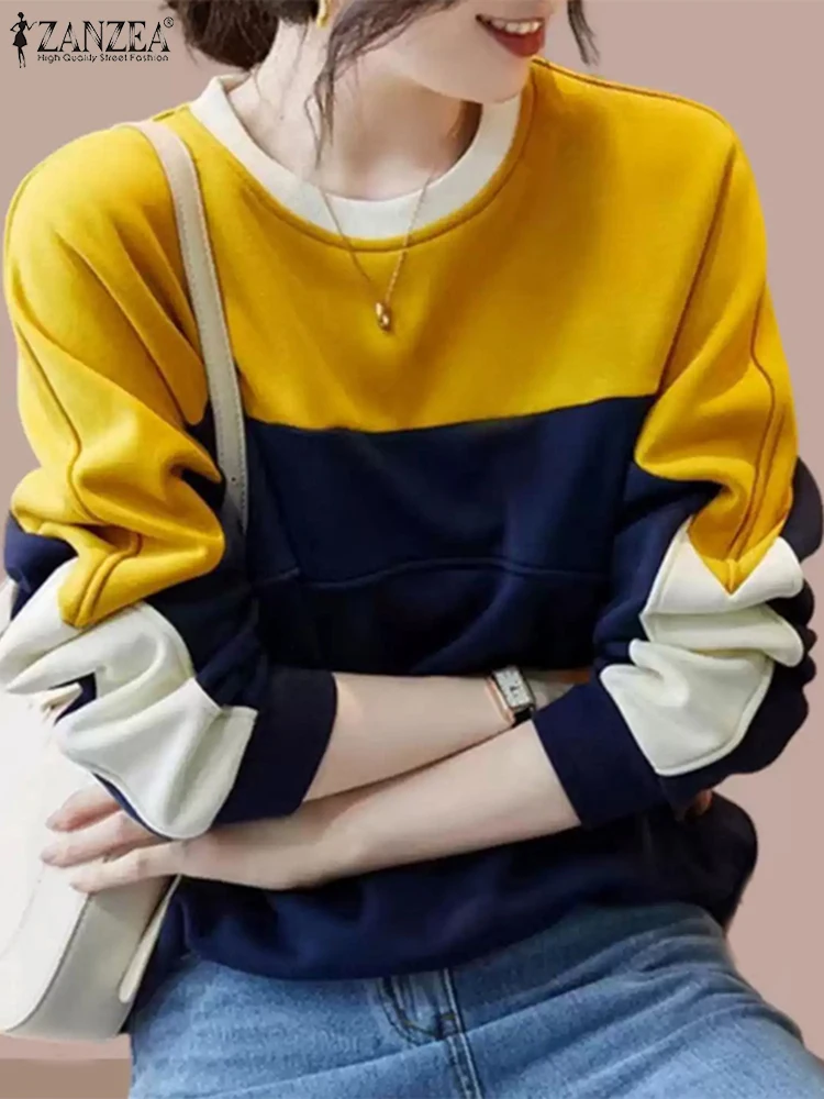 ZANZEA Fall 2024 Women Hoodies Patchwork Long Sleeve Color Block Casual Loose Pullovers Streetwear Korean Fashion Sweatshirt