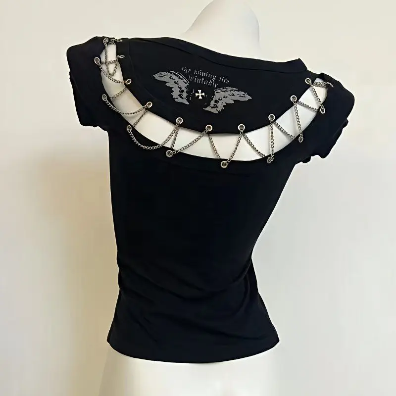 Subculture Punk Vintage Y2K Tees American Sweet Sexy Hollow Out T-shirt Women Slim Black Gothic Rock Top Street Hottie Clothing