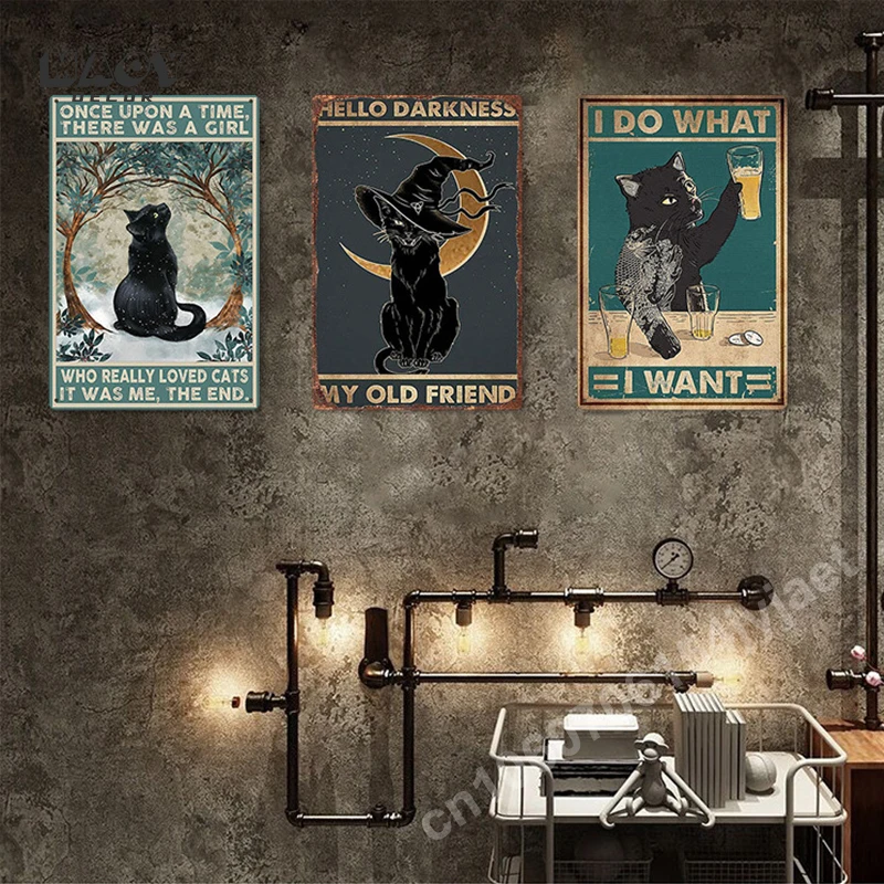 Animal Black Cat Art Poster Creative Metal Tin Signs for Living Room Kid Bedroom Wall Decoration Cafe Western Restaurant Plaques