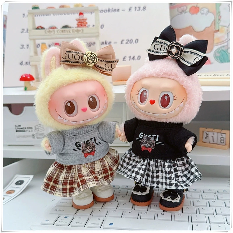 15 17 Cm Voor Labubu Pop Geruite Broek Patroon Outfit Kleding Strik Haar Accessoire Luxe Rok Jurk Kleding Accessoires