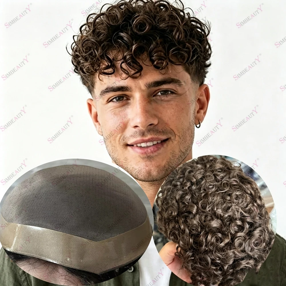 Undetectable European Male Human Hair Breathable Mono Base Toupee for Hairloss 20mm Curly Hair Replacement Prosthesis Capillary