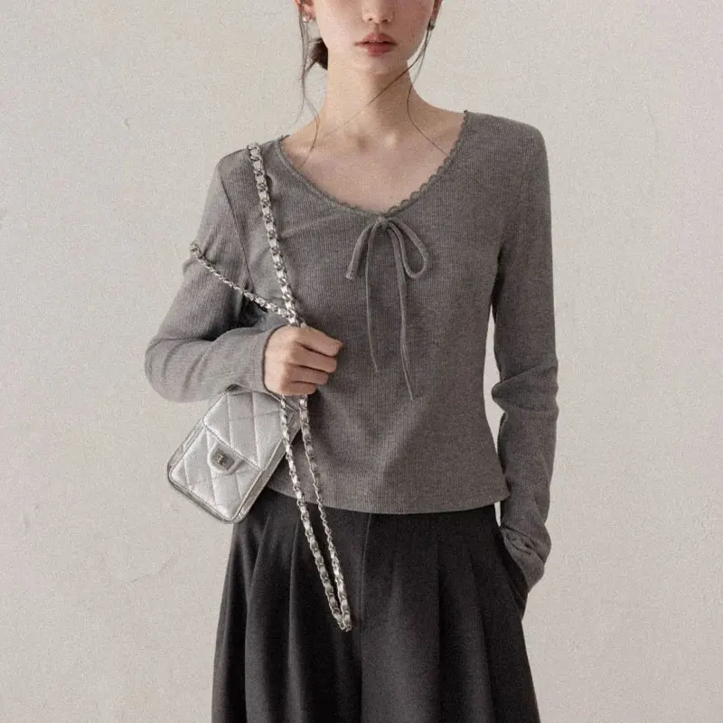 

French Style Drawstring Bow T-shirts Women's Clothing Solid Color Autumn Casual V-Neck Stylish Spliced Slim Vintage Pullovers
