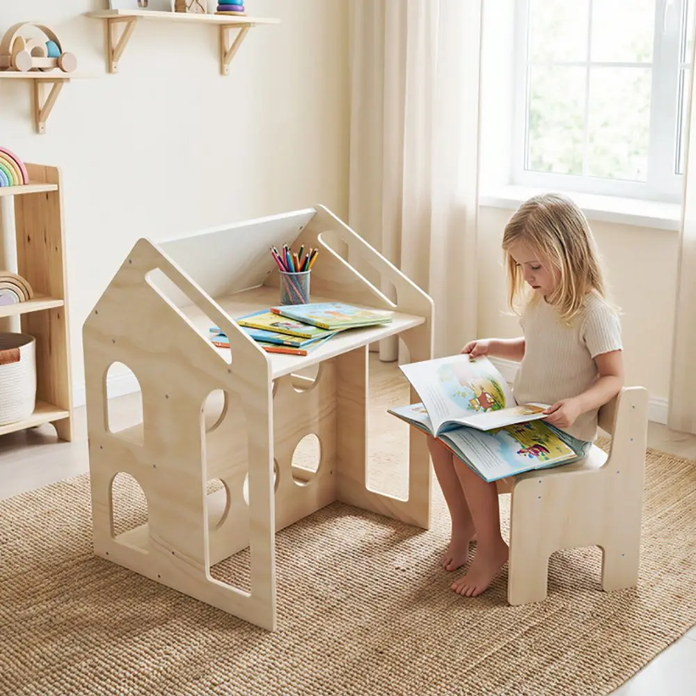 House-shaped Wooden Activity Kids Table Chair Set
