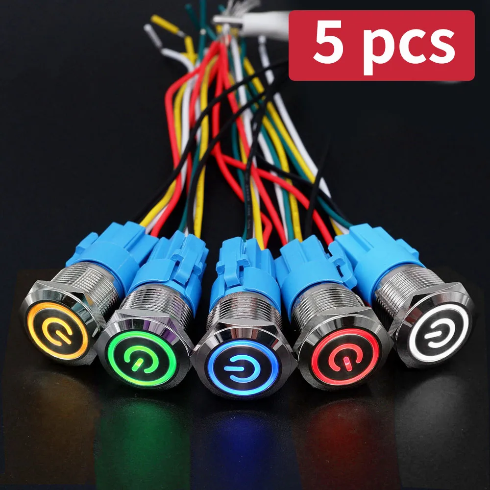 

5 pcs Metal Push Button Switch 12v 16mm 19mm 22mm Ring Lamp Momentary Waterproof LED Light Self Lock Reset with Connector 220V